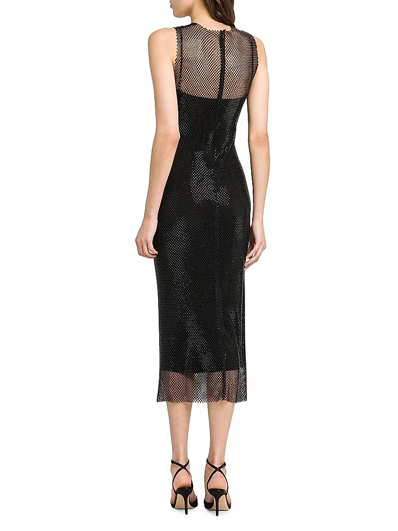 Rhinestone Mesh Round-Neck Midi-Dress