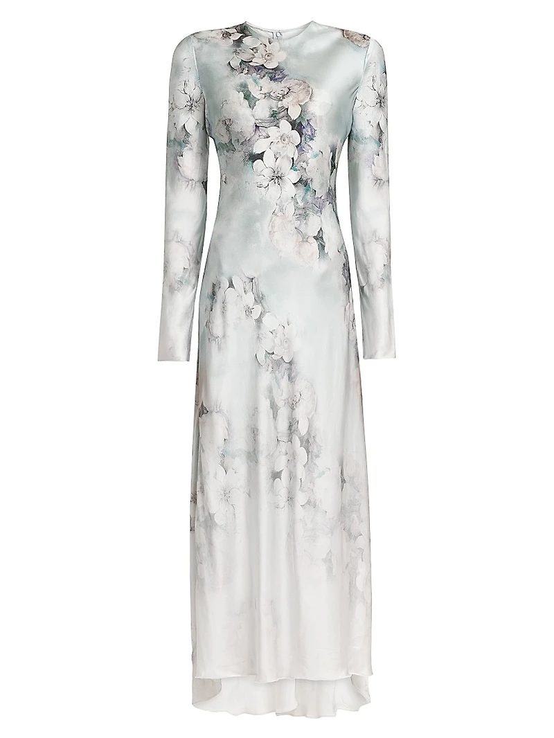 Floral Satin Long-Sleeve Maxi Dress