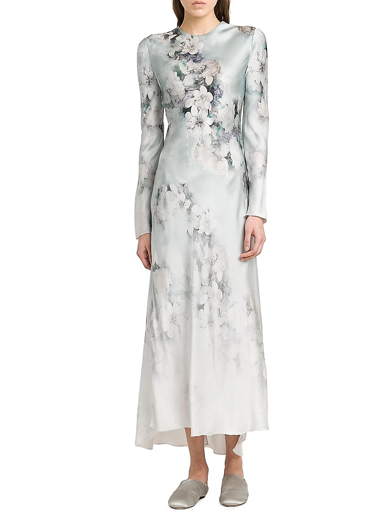 Floral Satin Long-Sleeve Maxi Dress