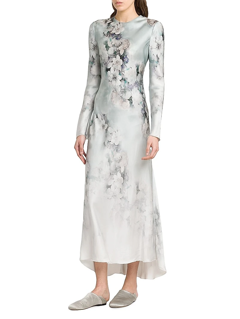 Floral Satin Long-Sleeve Maxi Dress