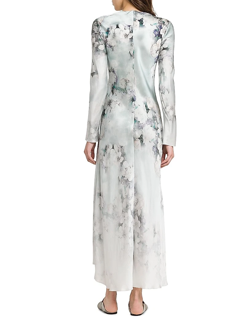 Floral Satin Long-Sleeve Maxi Dress