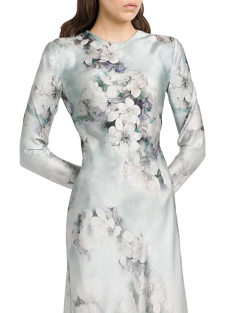 Floral Satin Long-Sleeve Maxi Dress