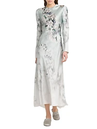 Floral Satin Long-Sleeve Maxi Dress