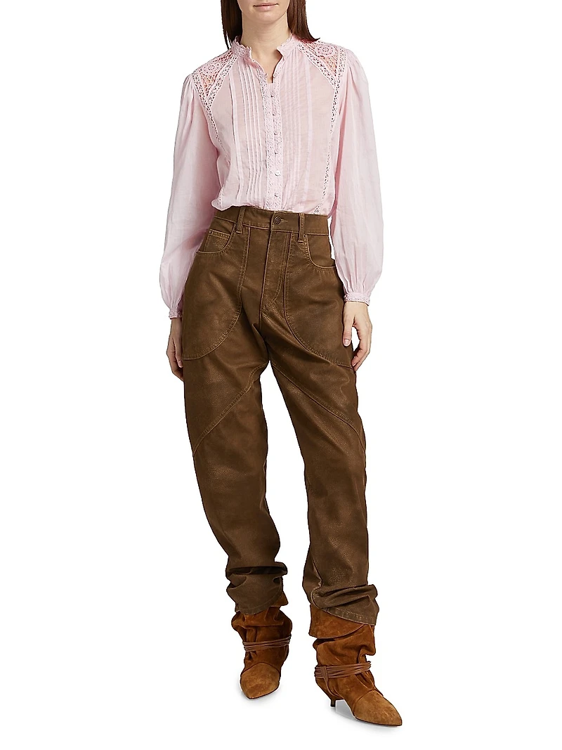 Greicy Lace-Trimmed Cotton Blouse