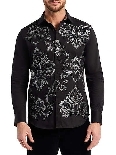 Cheetah Embroidered Damask Button-Front Shirt