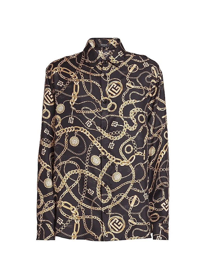 Chain-Print Silk Button-Front Shirt