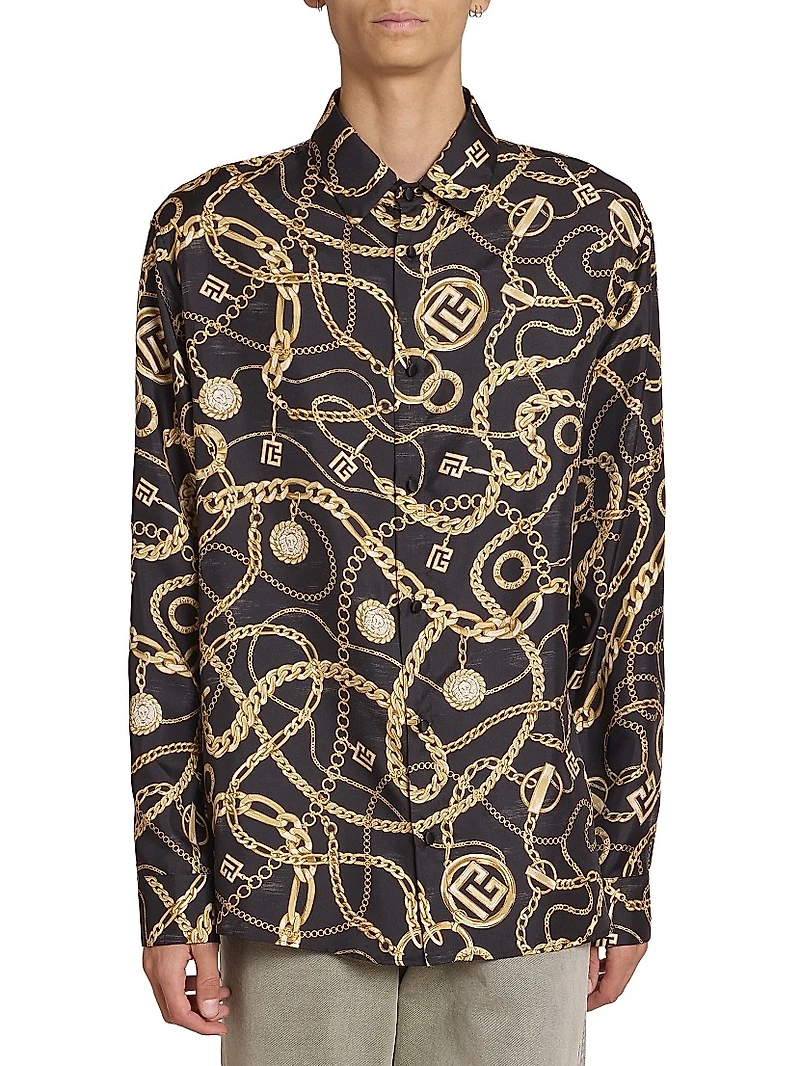 Chain-Print Silk Button-Front Shirt
