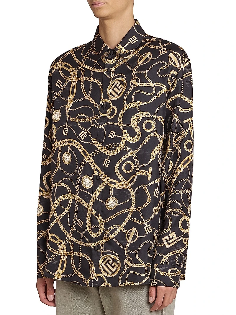 Chain-Print Silk Button-Front Shirt