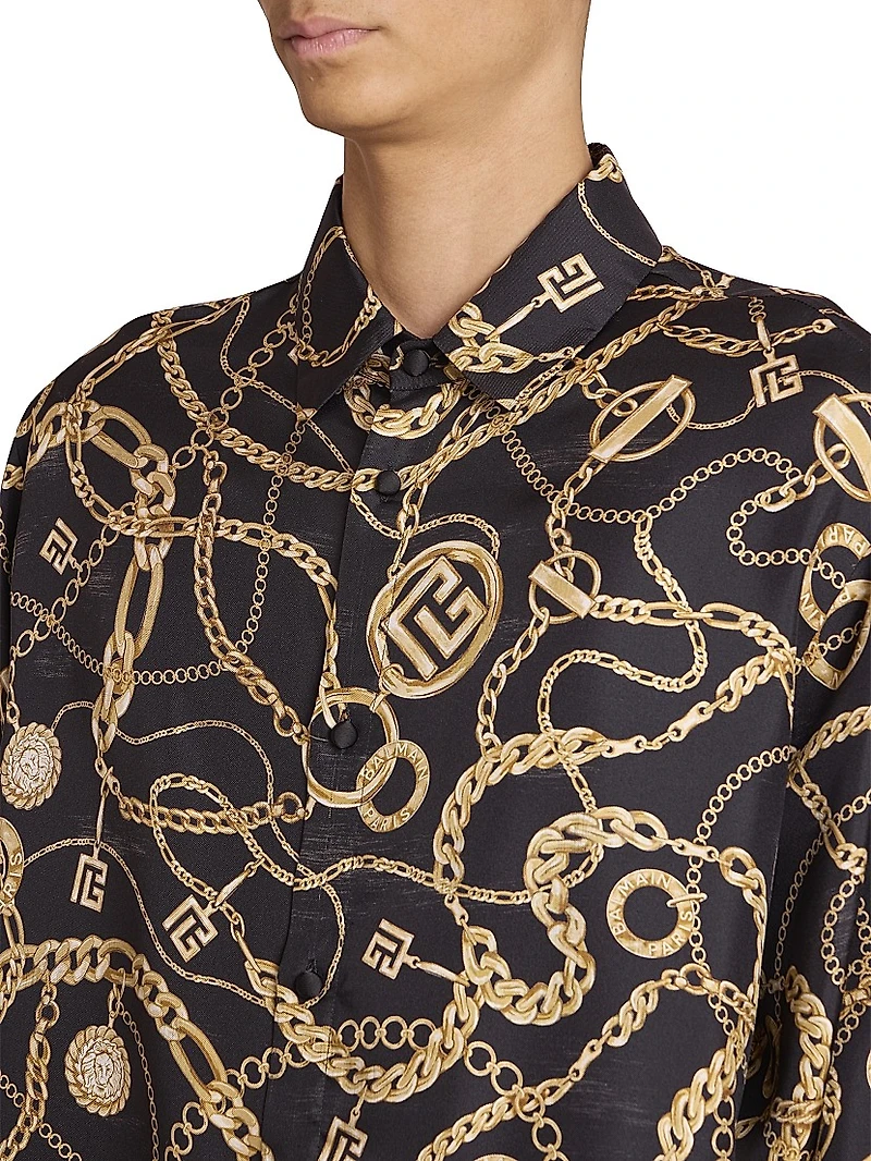 Chain-Print Silk Button-Front Shirt