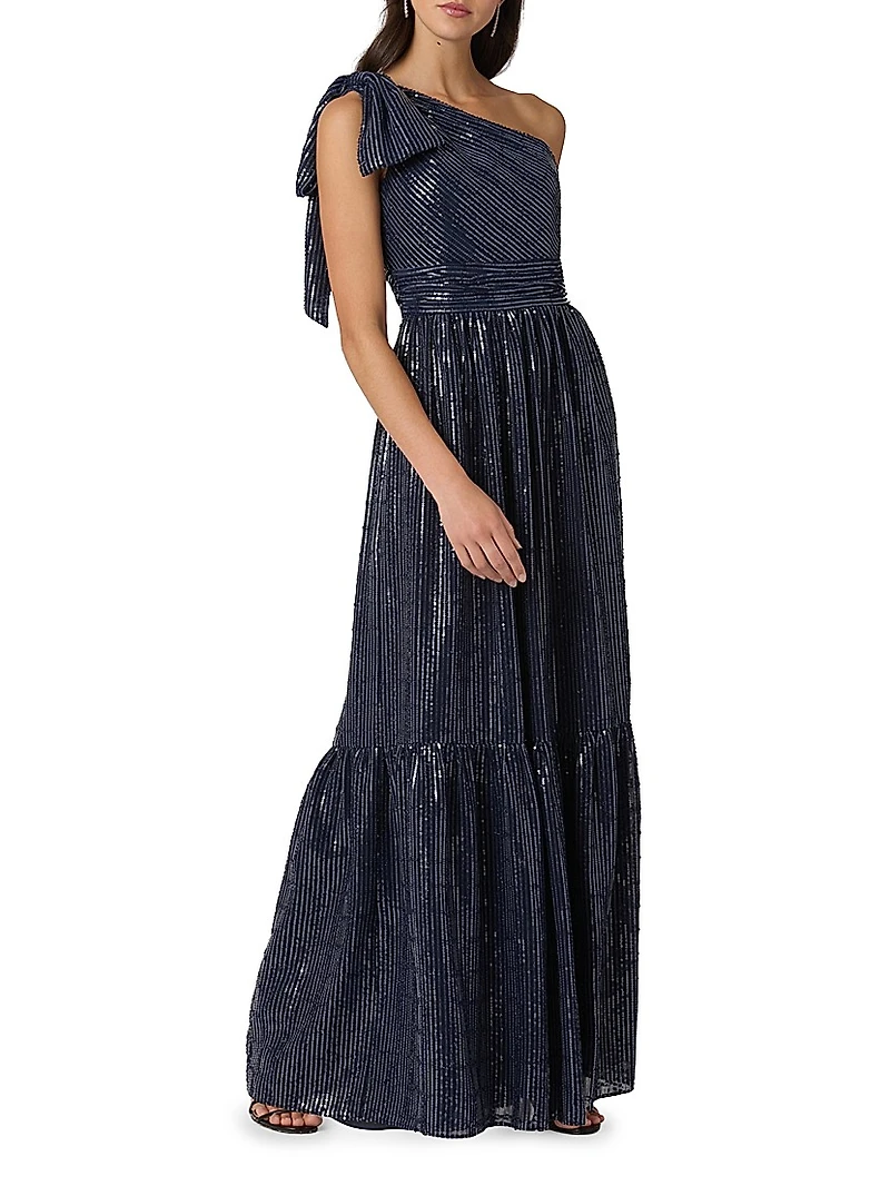 Indigo Sequined One-Shoulder Gown