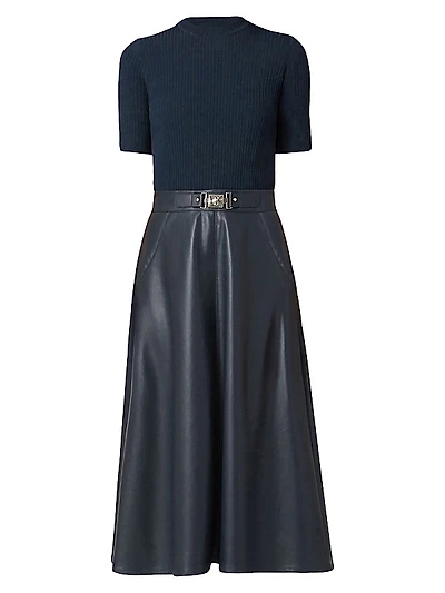 Angela Mixed-Media Faux-Leather Midi-Dress