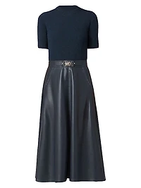 Angela Mixed-Media Faux-Leather Midi-Dress