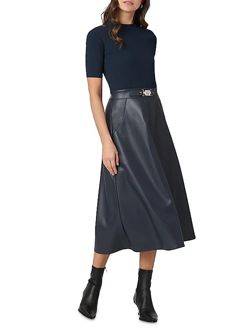 Angela Mixed-Media Faux-Leather Midi-Dress