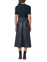 Angela Mixed-Media Faux-Leather Midi-Dress