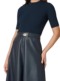 Angela Mixed-Media Faux-Leather Midi-Dress