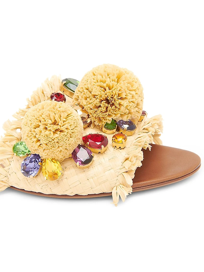 Flower-Detailed Raffia Sandals