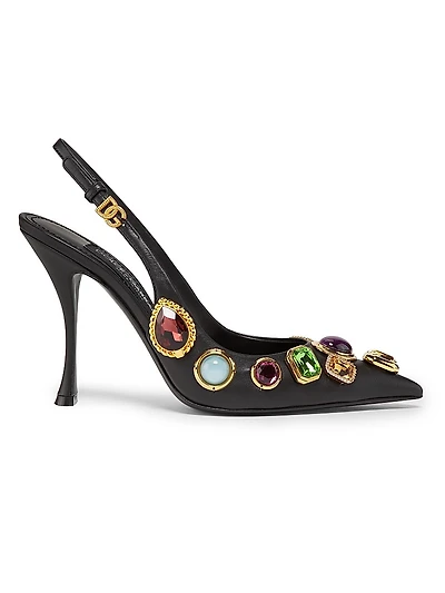 Crystal-Embellished Leather Slingback Pumps