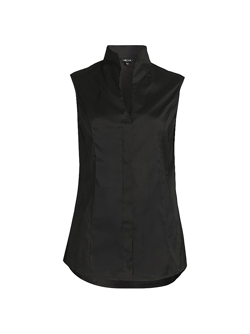 Split Neck Cotton-Blend Sleeveless Blouse