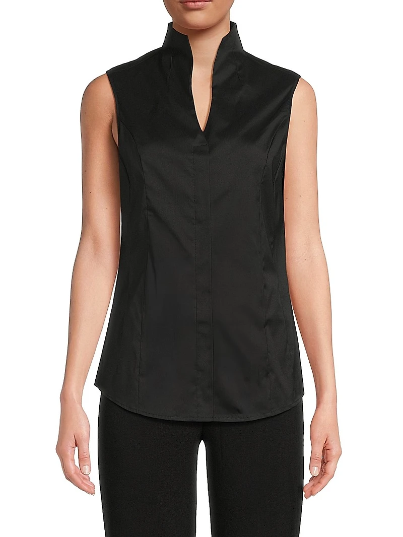 Split Neck Cotton-Blend Sleeveless Blouse