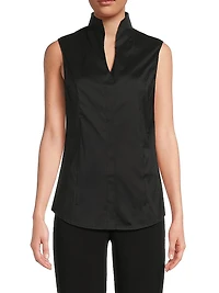 Split Neck Cotton-Blend Sleeveless Blouse