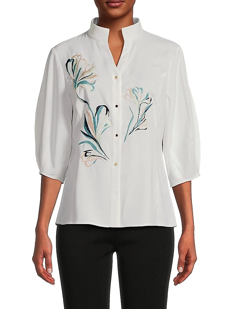 Floral Embroidered Crepe De Chine Blouse