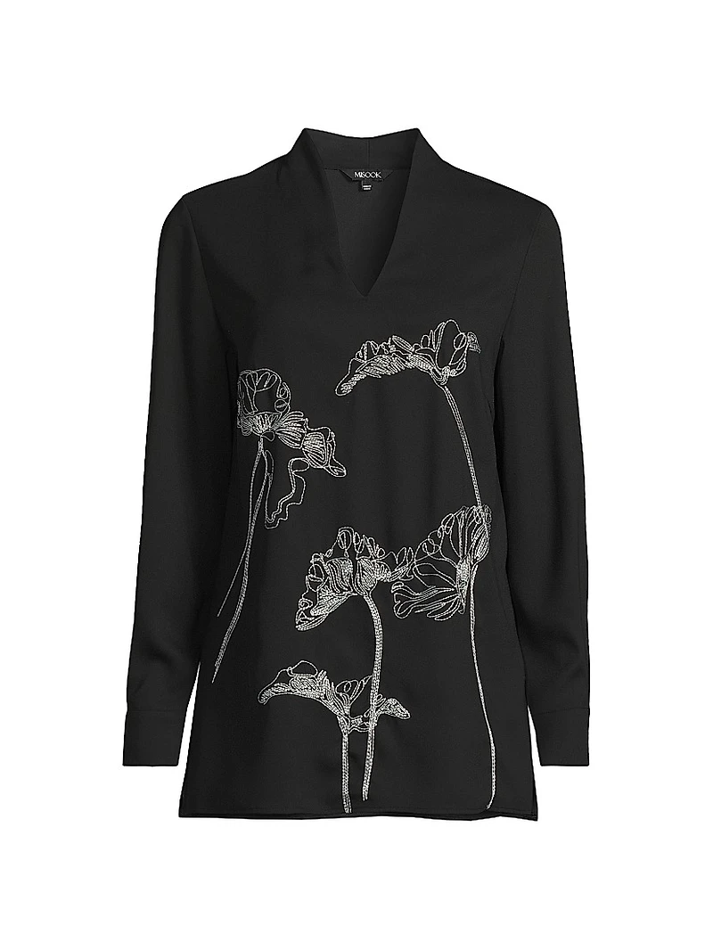 Floral Embroidered Crepe De Chine Tunic