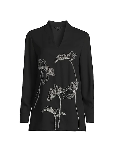 Floral Embroidered Crepe De Chine Tunic