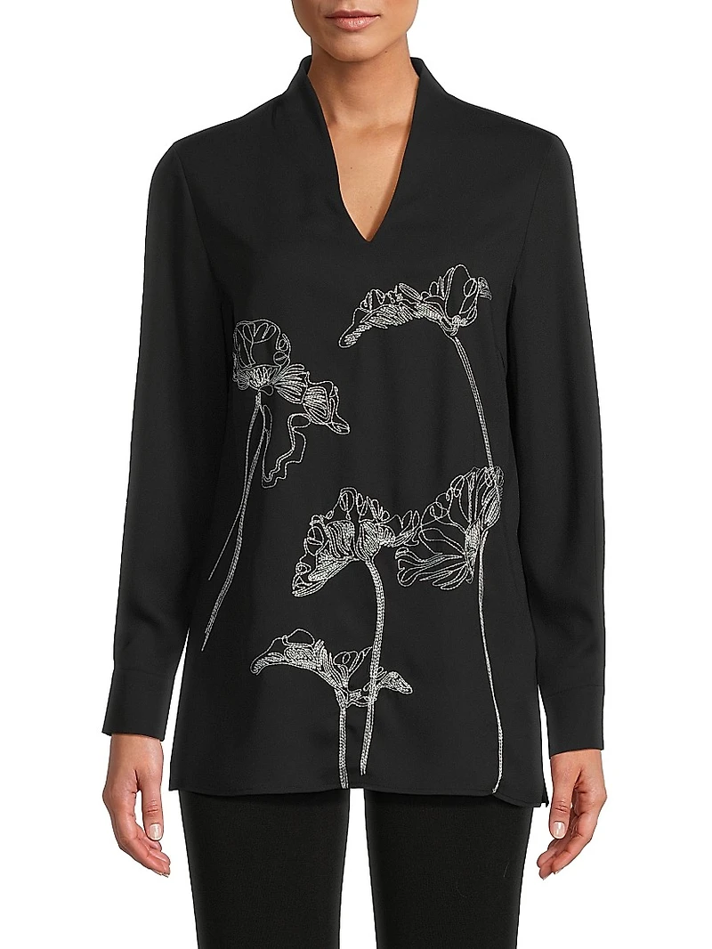 Floral Embroidered Crepe De Chine Tunic