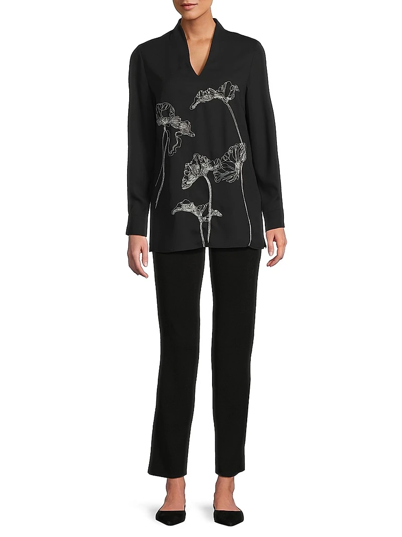 Floral Embroidered Crepe De Chine Tunic