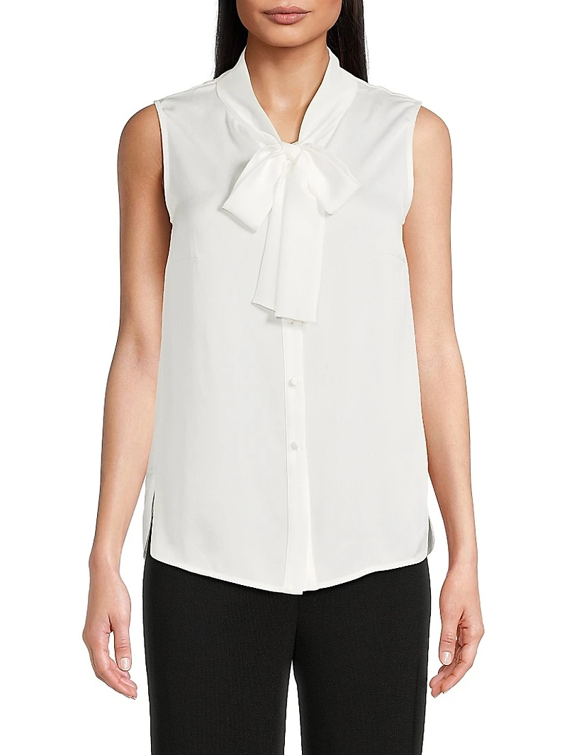 Tieneck Sleeveless Button-Front Blouse