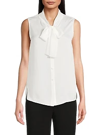 Tieneck Sleeveless Button-Front Blouse