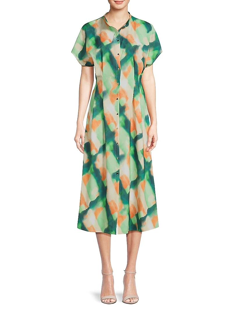 Fit & Flare Crepe De Chine Button-Front Midi-Dress