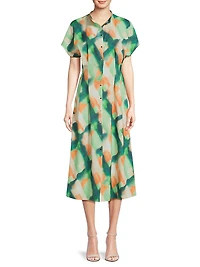 Fit & Flare Crepe De Chine Button-Front Midi-Dress