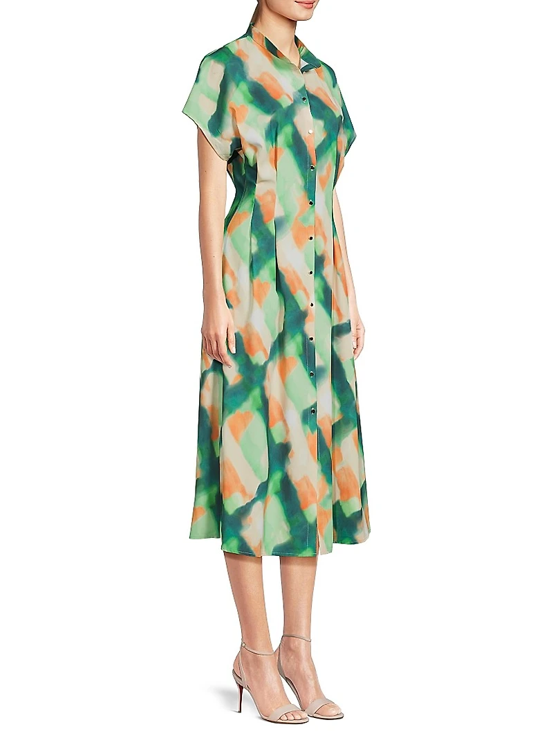 Fit & Flare Crepe De Chine Button-Front Midi-Dress