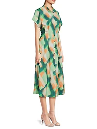 Fit & Flare Crepe De Chine Button-Front Midi-Dress