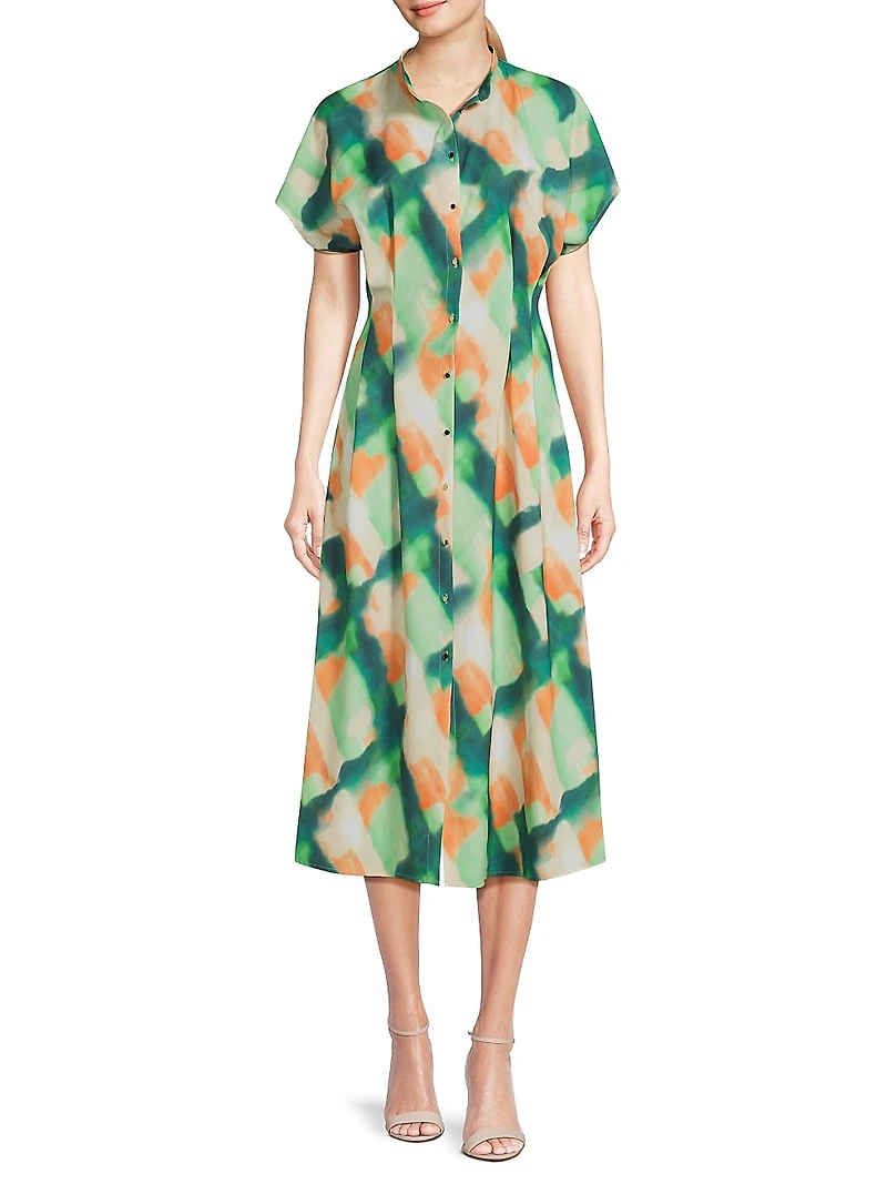 Fit & Flare Crepe De Chine Button-Front Midi-Dress