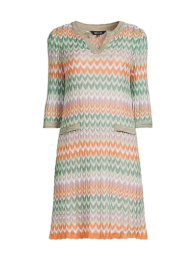 Pointelle Zigzag Lined Knit Shift Dress