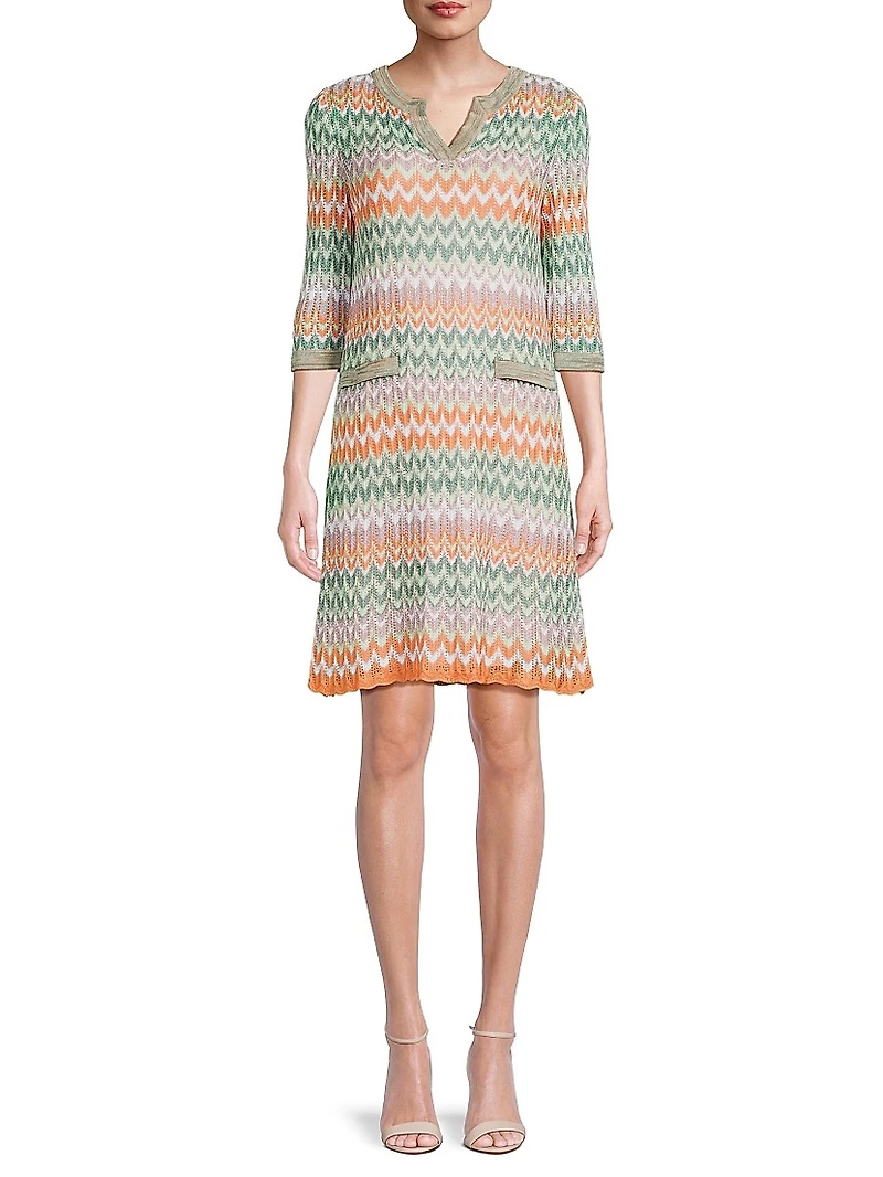 Pointelle Zigzag Lined Knit Shift Dress