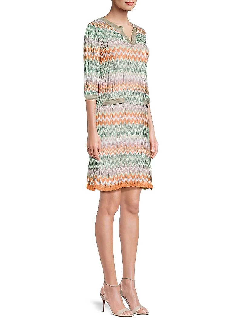 Pointelle Zigzag Lined Knit Shift Dress