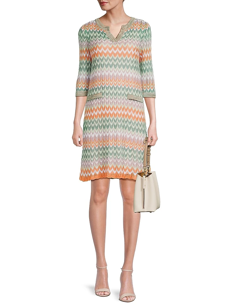 Pointelle Zigzag Lined Knit Shift Dress
