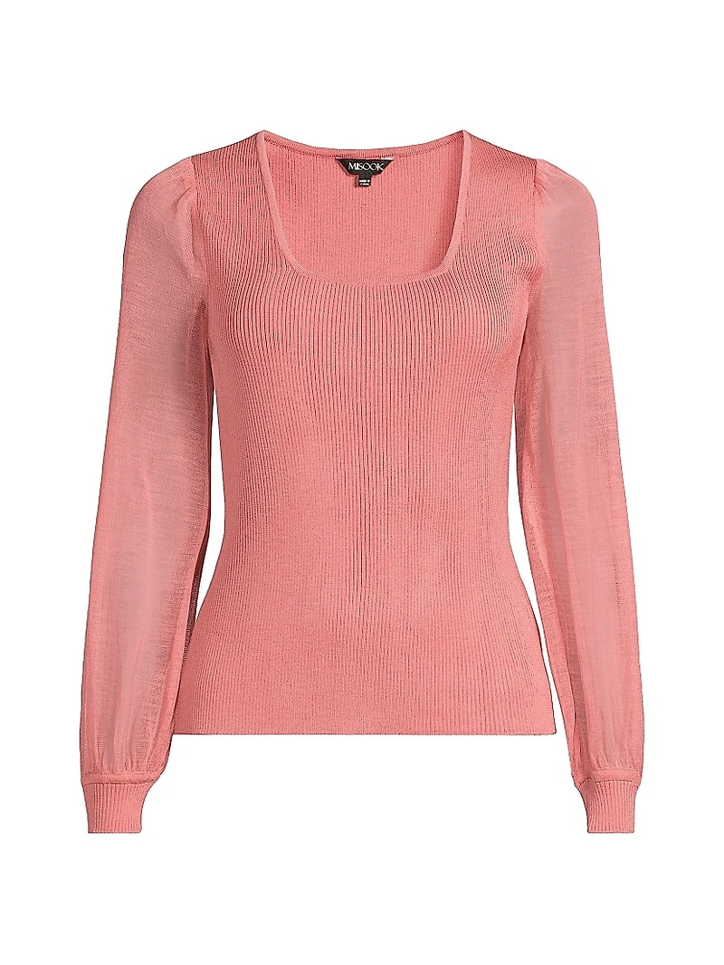 Sheer Sleeve Rib-Knit Top