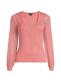 Sheer Sleeve Rib-Knit Top