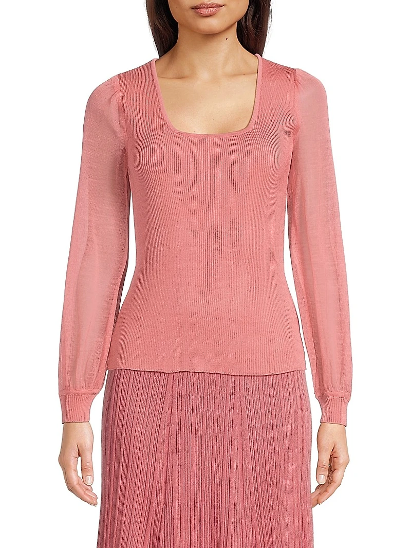 Sheer Sleeve Rib-Knit Top