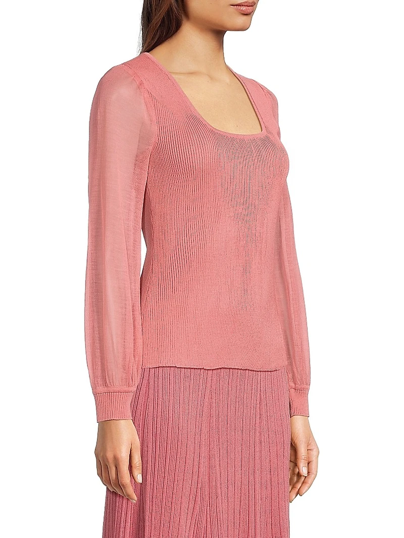 Sheer Sleeve Rib-Knit Top