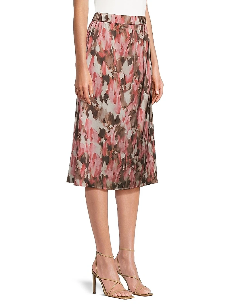 Brushstroke Crepe de Chine Midi-Skirt