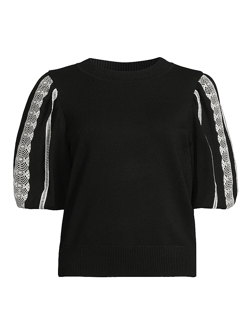 Mixed-Media Lace Puff-Sleeve Top