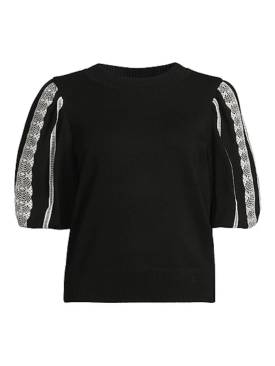 Mixed-Media Lace Puff-Sleeve Top