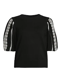 Mixed-Media Lace Puff-Sleeve Top