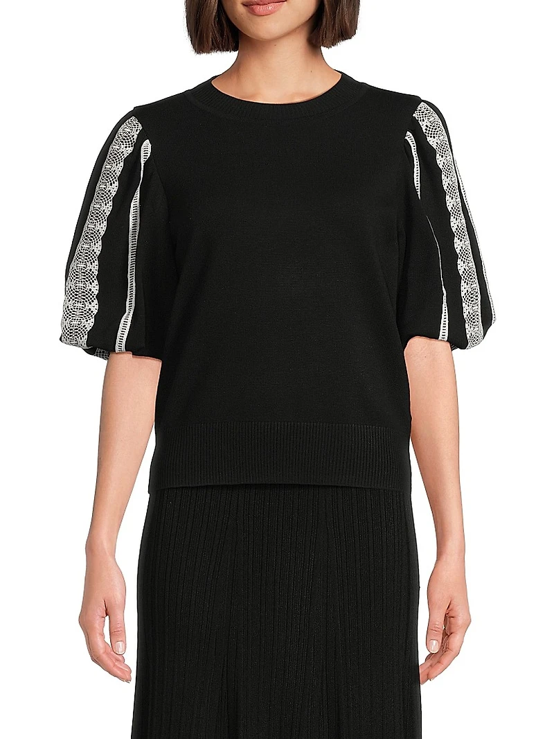 Mixed-Media Lace Puff-Sleeve Top
