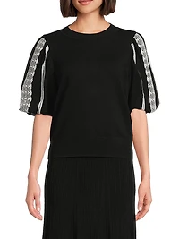Mixed-Media Lace Puff-Sleeve Top